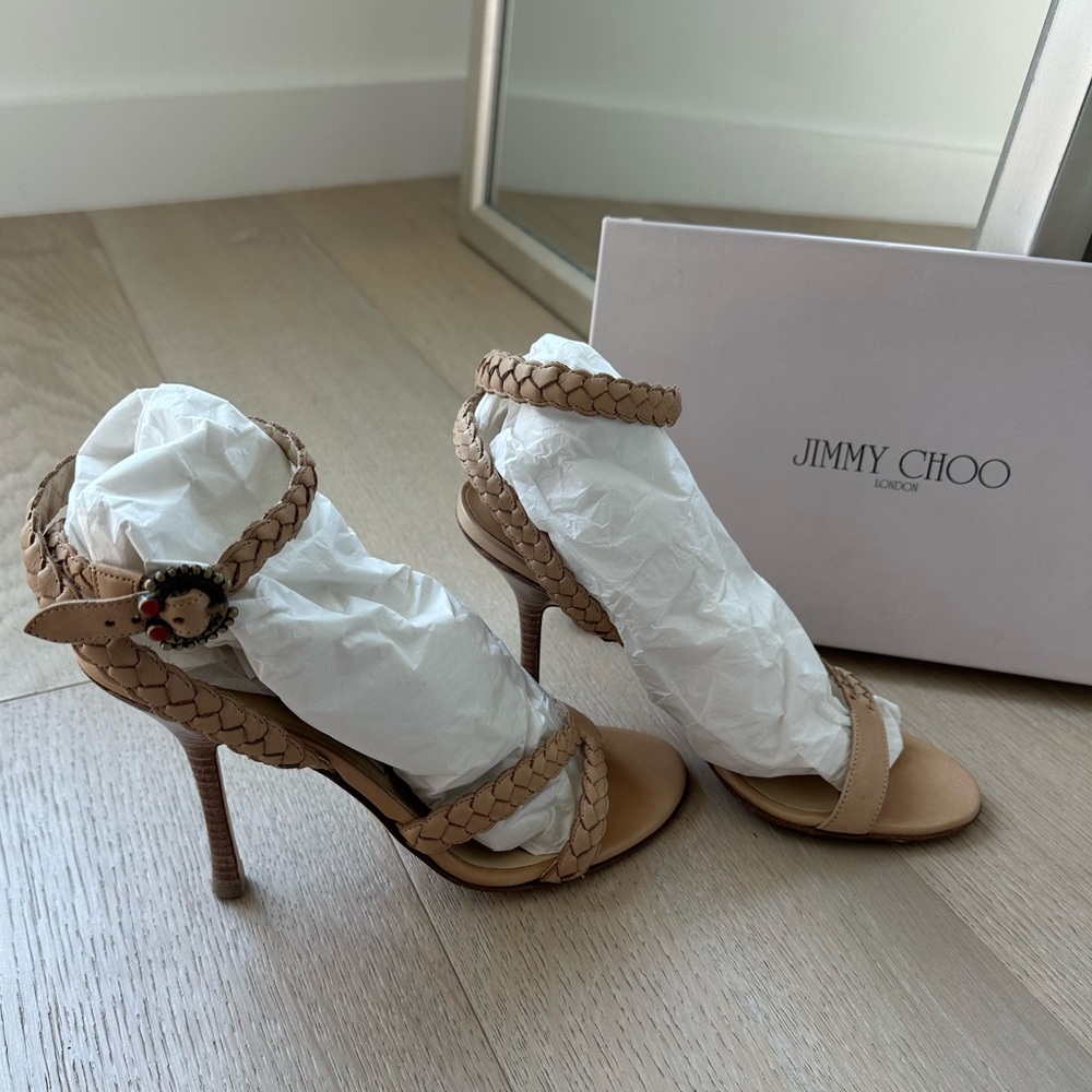 Jimmy Choo Beige Braided Leather Stiletto Sandals